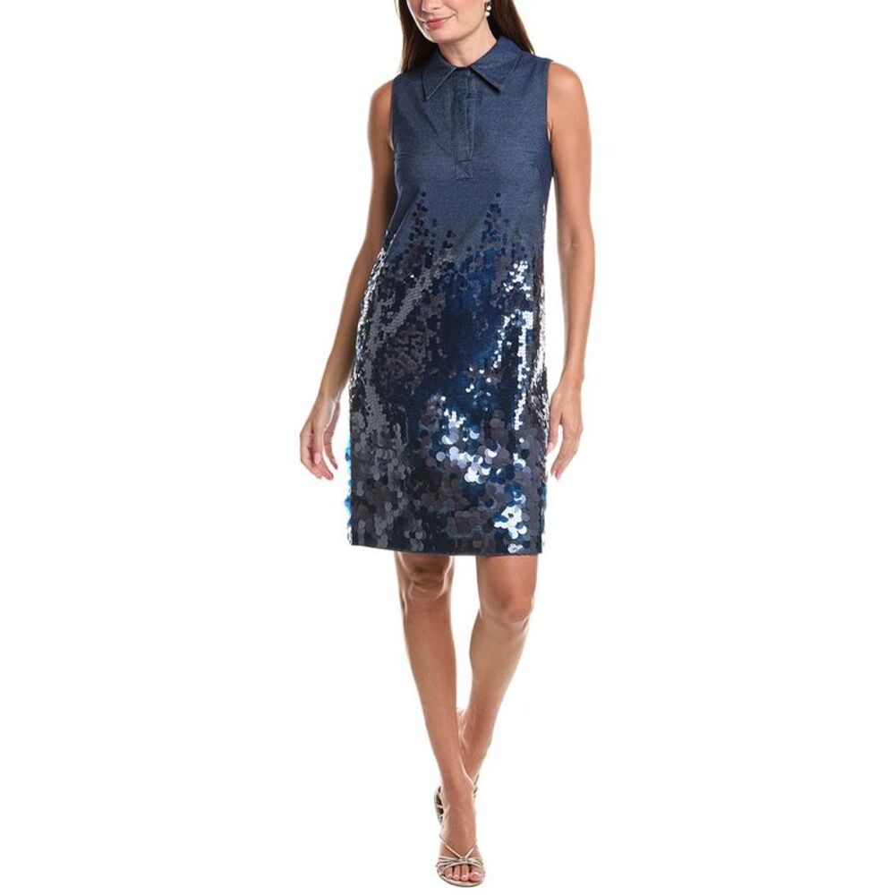 Teri Jon By Rickie Freeman Womens Denim Paillette Trim Shift Shirtdress, Blue